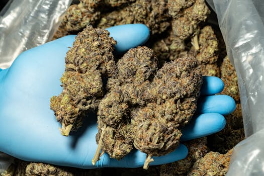 Vue détaillée de bourgeons de cannabis tenus dans une main gantée bleue, mettant en valeur la texture et la qualité.