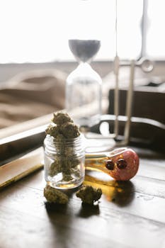 Gros plan de bourgeons de cannabis dans un bocal avec une pipe en verre sur une surface en bois.