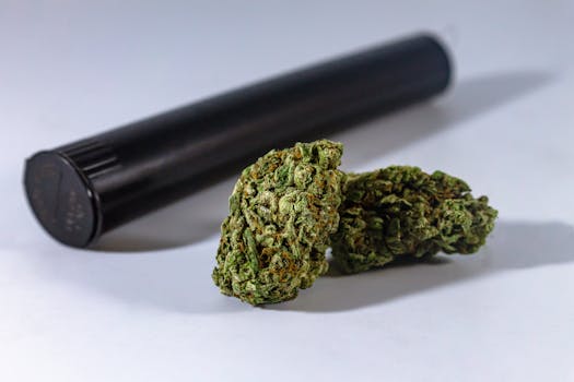 Gros plan de bourgeons de cannabis avec un contenant de stockage noir, idéal pour un usage médical ou récréatif.