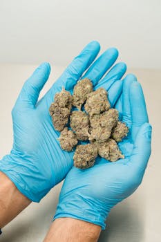 Gros plan de mains gantées de bleu tenant des bourgeons de cannabis sur un fond neutre.