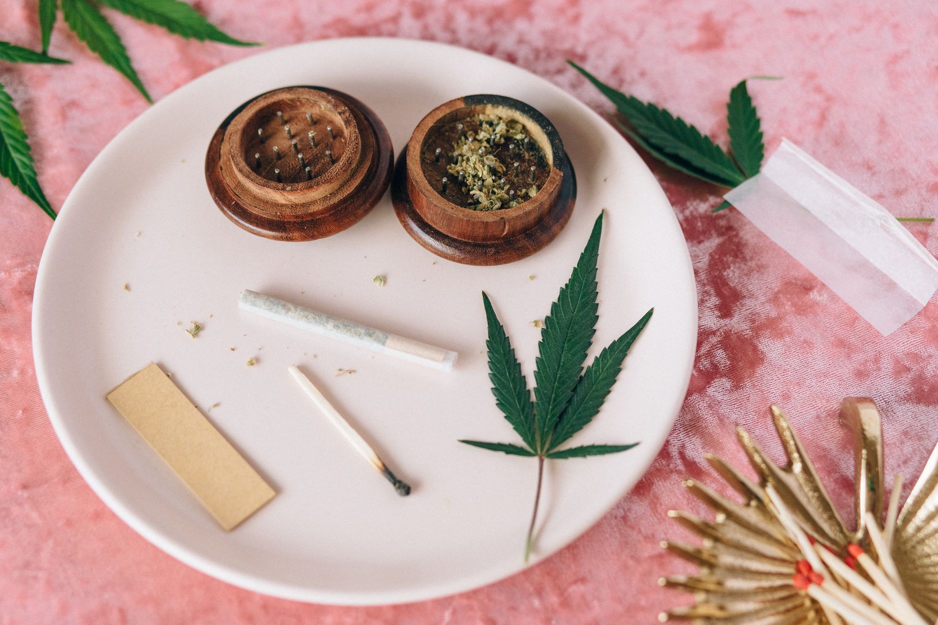 Vue de dessus d'une feuille de cannabis et d'accessoires de roulage sur une assiette, idéale pour les thèmes médicaux ou récréatifs.