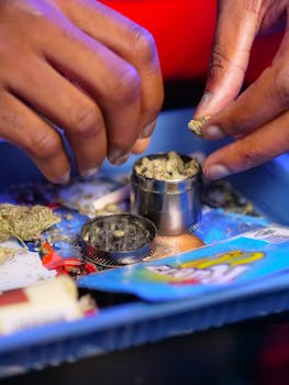 Gros plan sur des mains préparant du cannabis avec un grinder sur un plateau coloré.
