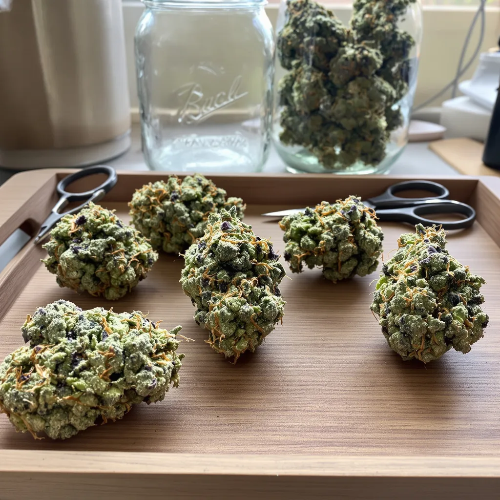 $100 OG 50% indica / 50% sativa — fleur avec trichomes visibles