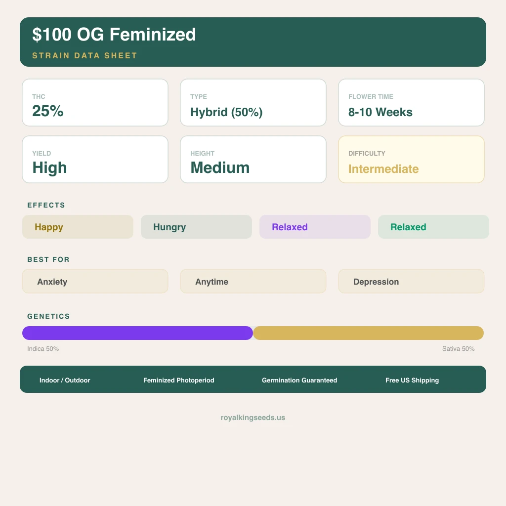 $100 OG 50% indica / 50% sativa — fleur avec trichomes visibles