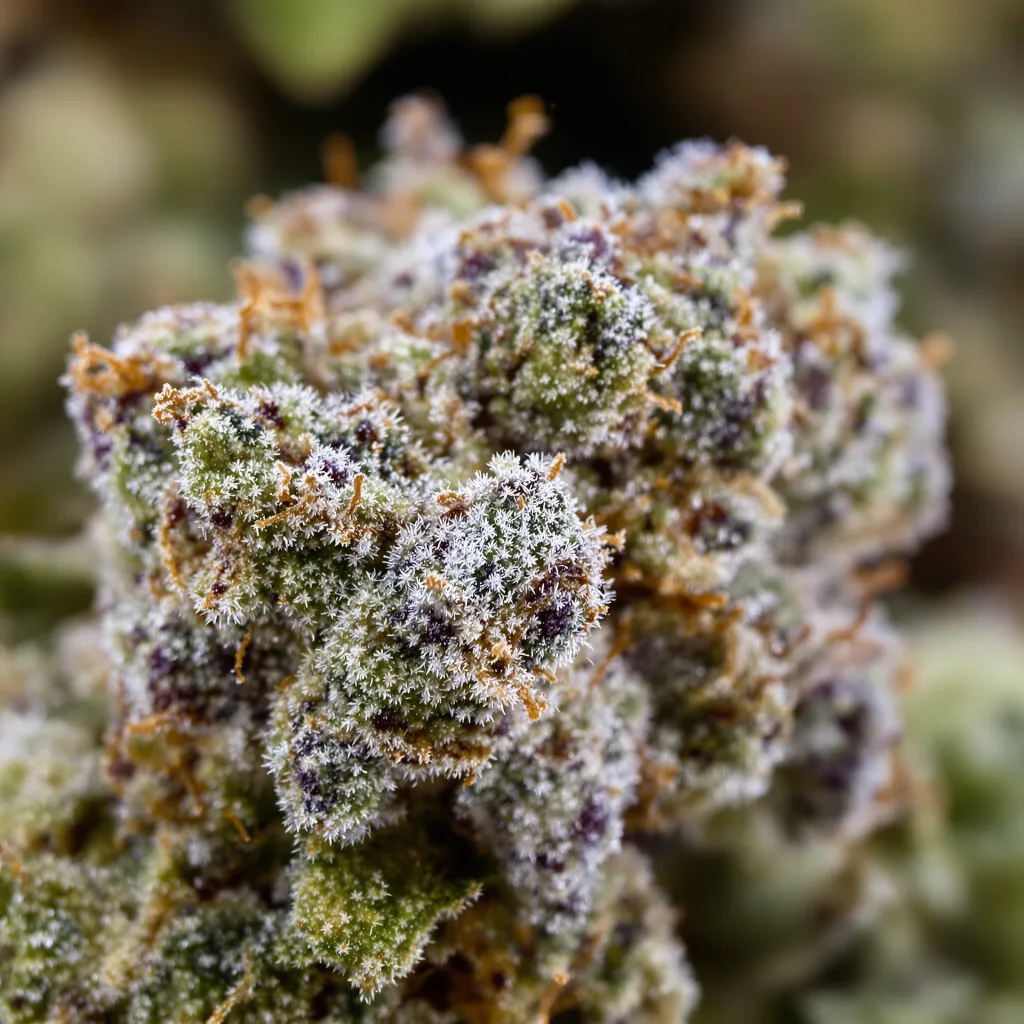 Gros plan de fleur de cannabis $100 OG montrant structure équilibrée avec trichomes givrés