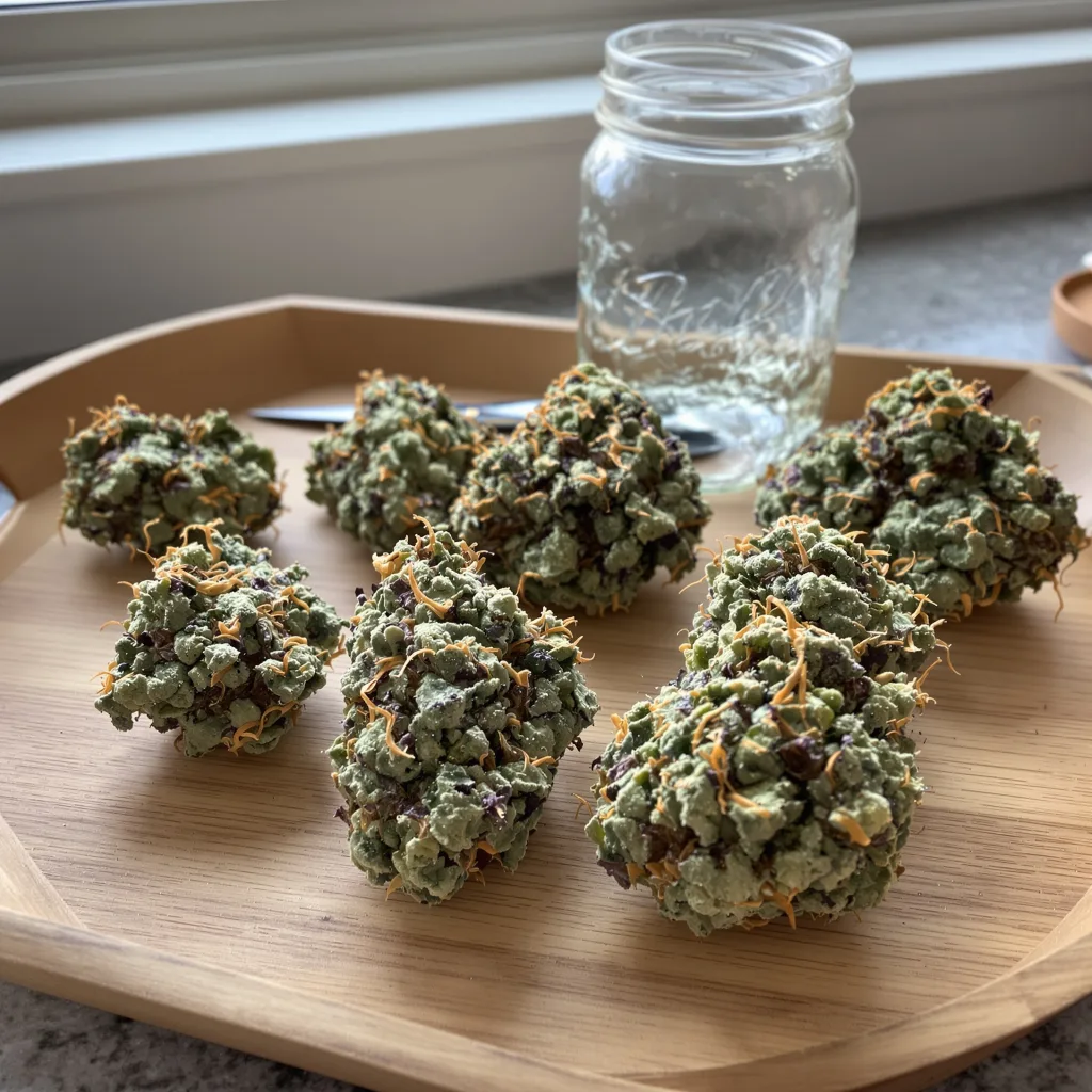 24k Gold 43% indica / 57% sativa — fleur avec trichomes visibles