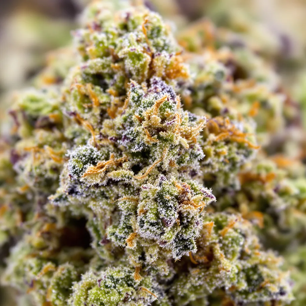 Gros plan de fleur de cannabis 24k Gold montrant structure équilibrée avec trichomes givrés