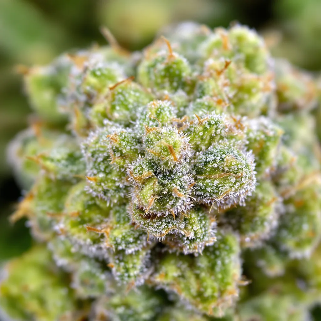 Gros plan de fleur de cannabis 3 Kings montrant structure aérée vert lime
