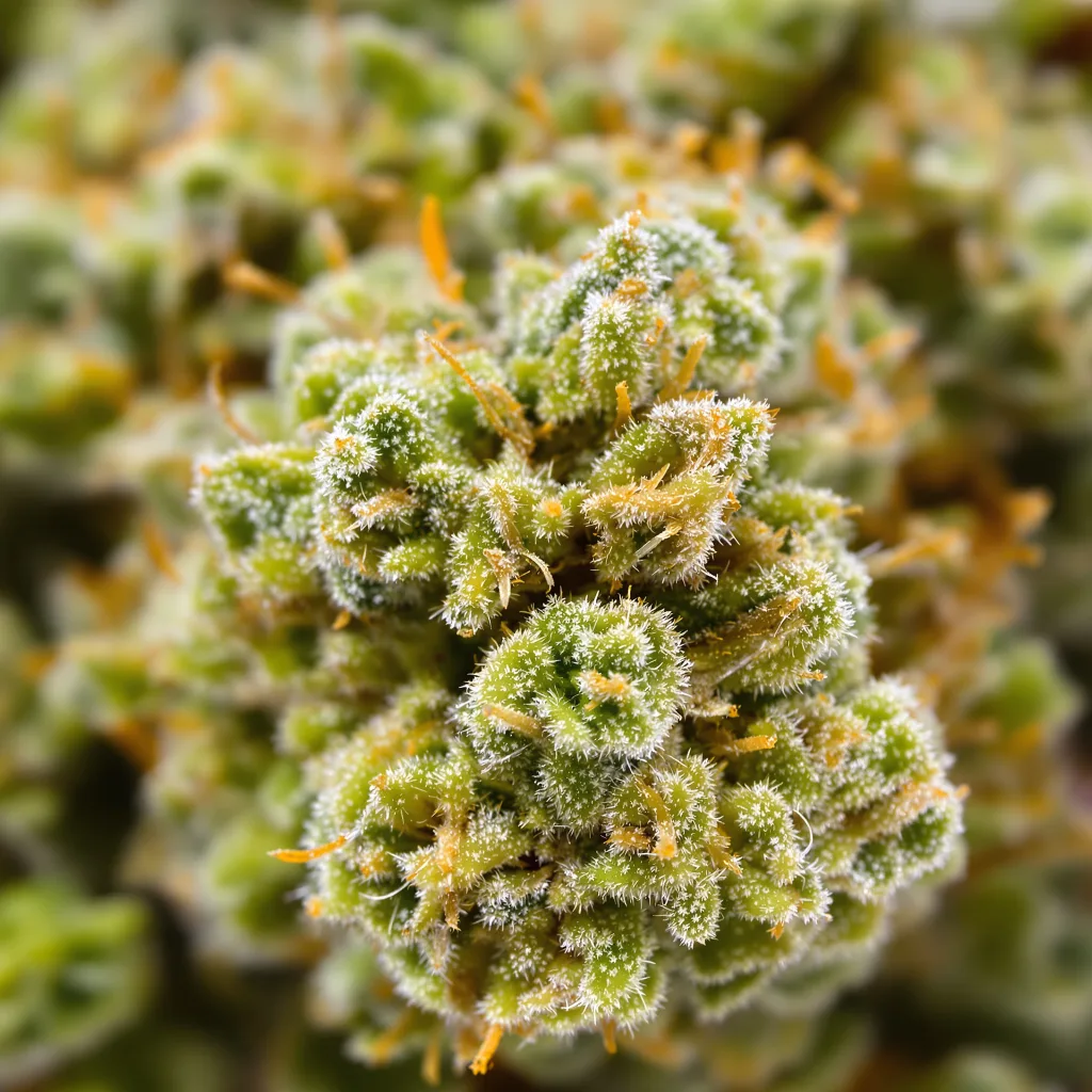 Gros plan de fleur de cannabis 3 Kings montrant structure aérée vert lime