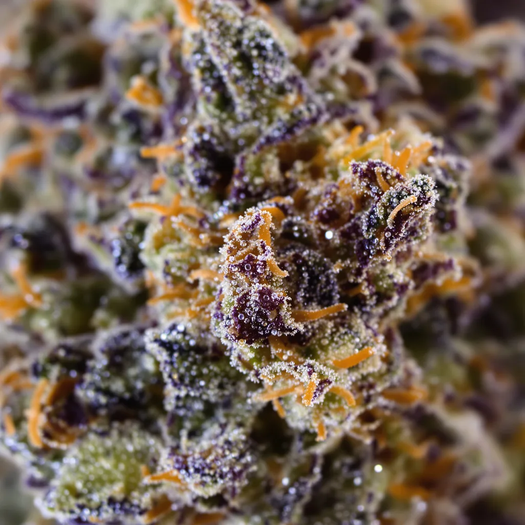 Gros plan de fleur de cannabis 3X Crazy montrant calices denses aux reflets violets