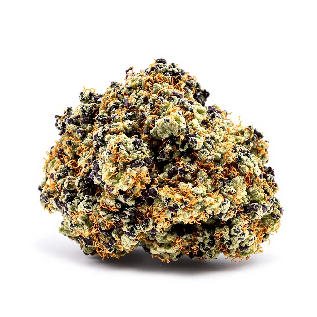 3X Crazy 82% indica / 18% sativa — fleur avec trichomes visibles