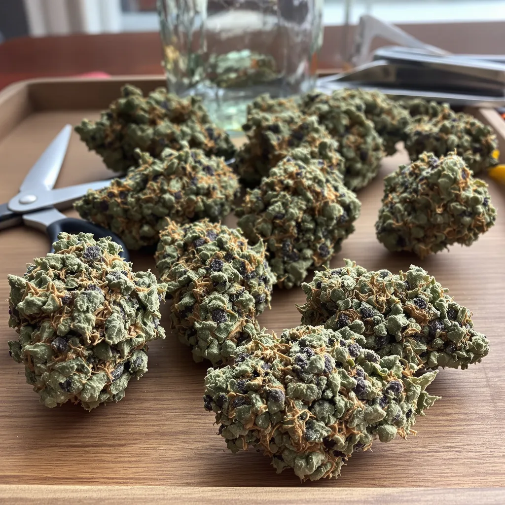 3X Crazy 82% indica / 18% sativa — fleur avec trichomes visibles