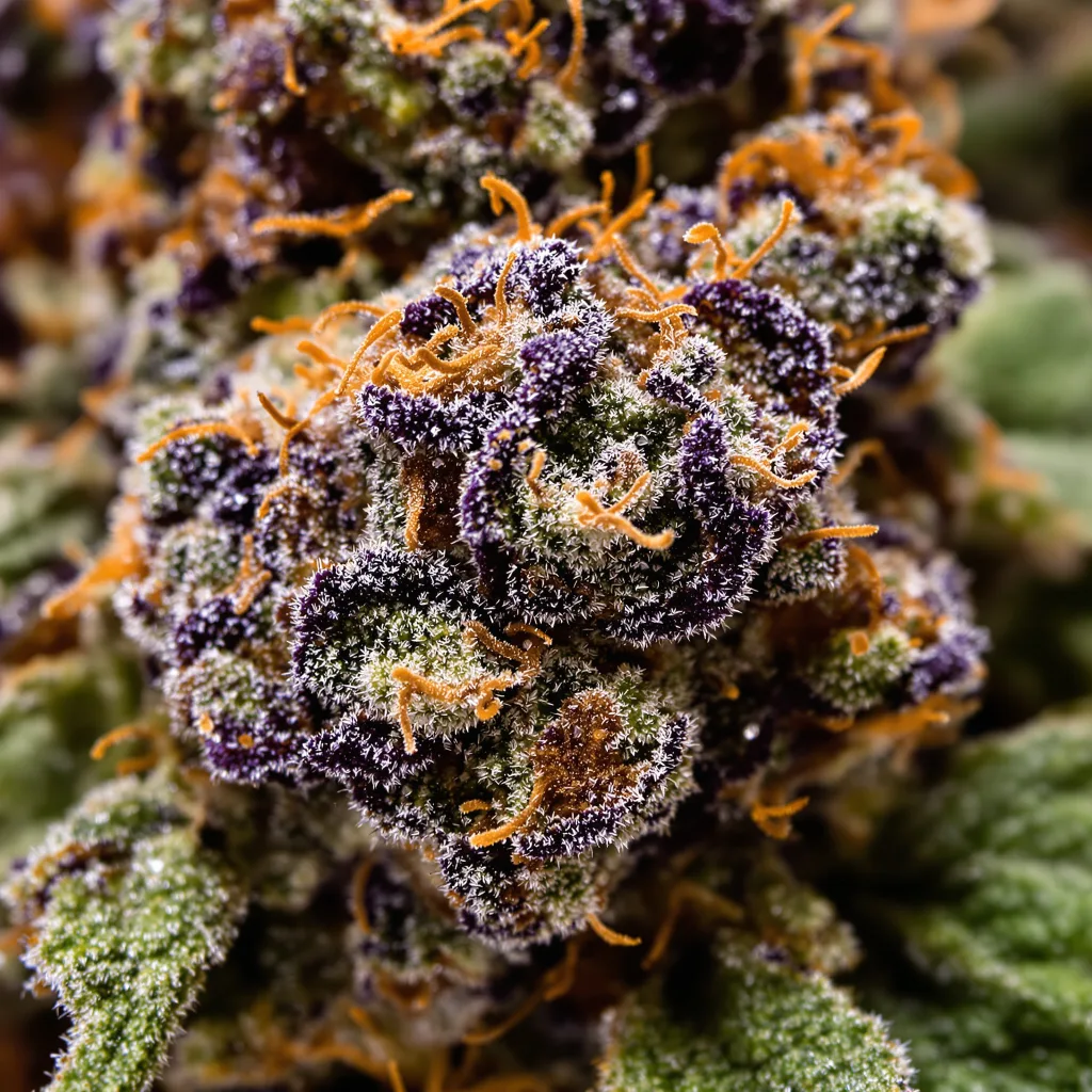 Gros plan de fleur de cannabis 3X Crazy montrant calices denses aux reflets violets