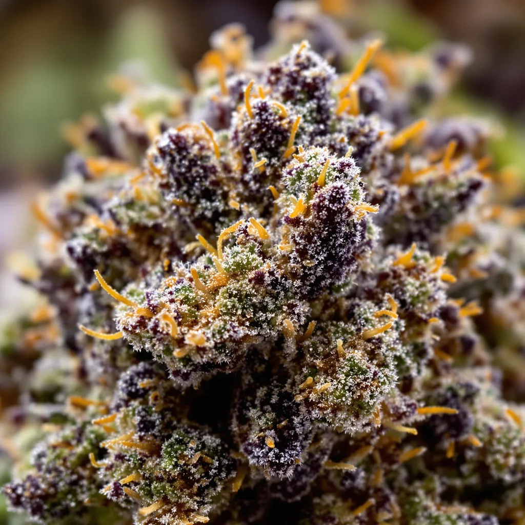 Gros plan de fleur de cannabis 501st OG montrant calices denses aux reflets violets