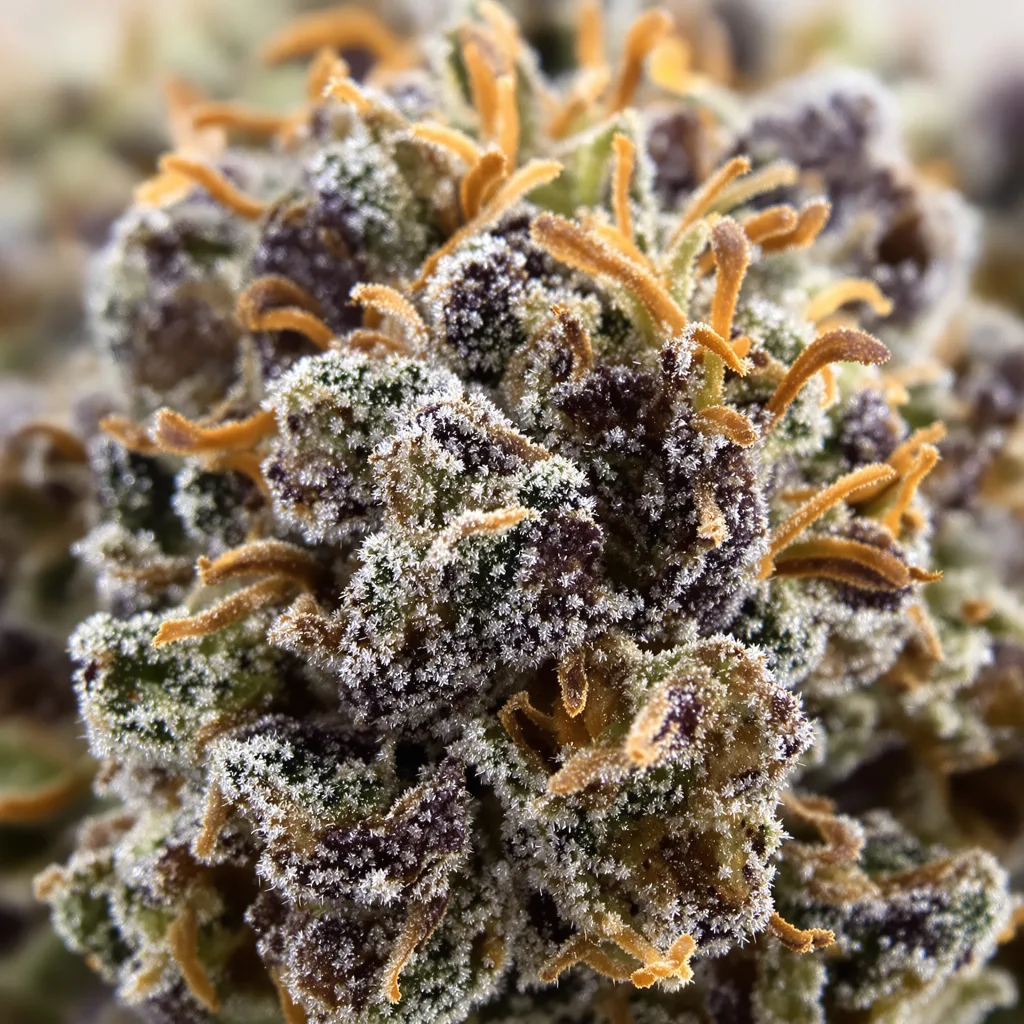 Gros plan de fleur de cannabis 5th Element montrant calices denses aux reflets violets