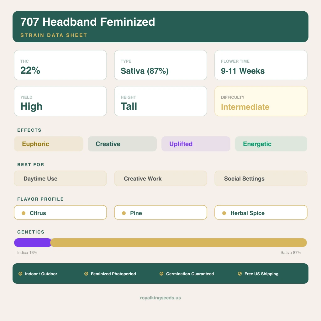707 Headband 13% indica / 87% sativa — fleur avec trichomes visibles