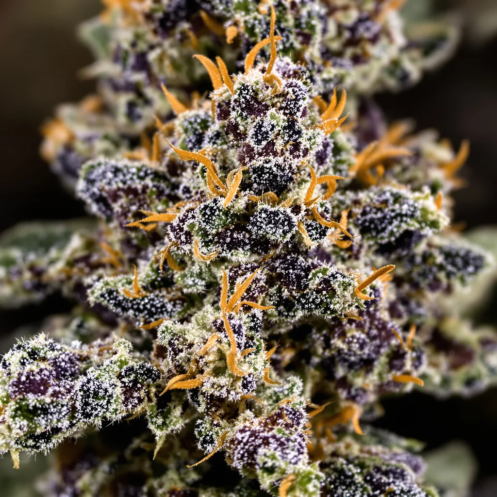 Gros plan de fleur de cannabis 8 Ball Kush montrant calices denses aux reflets violets