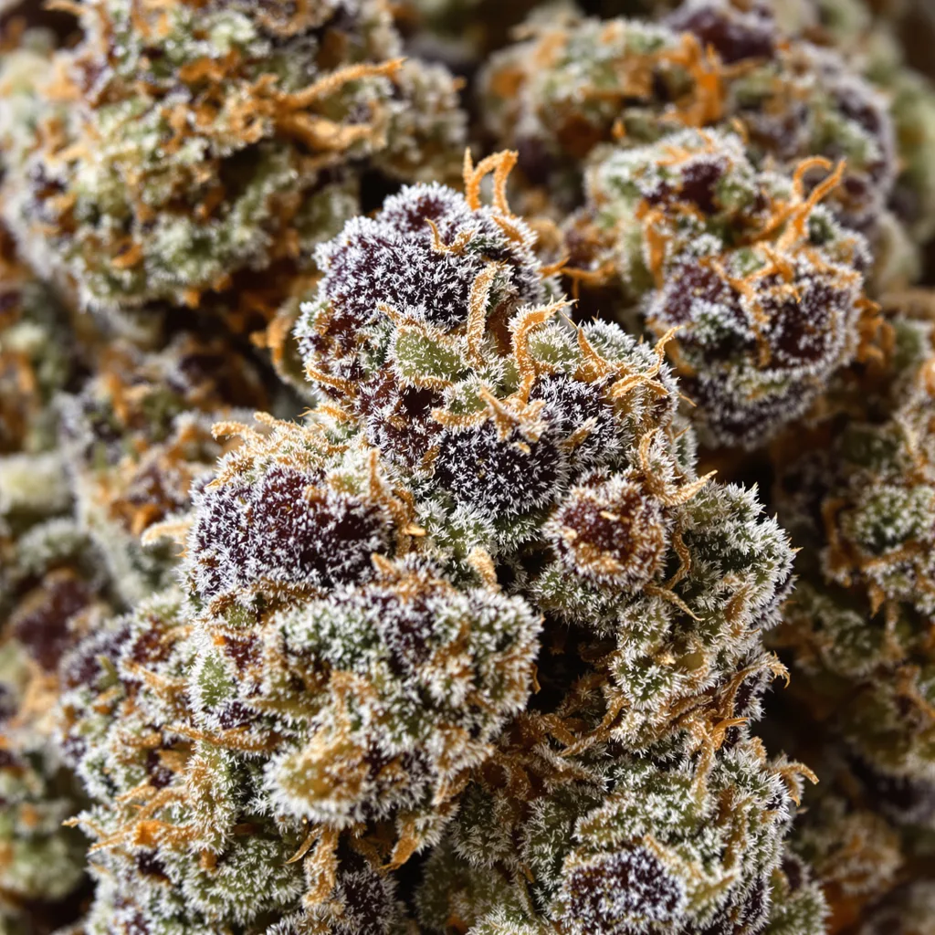 Gros plan de fleur de cannabis 9 Pound Hammer montrant calices denses aux reflets violets