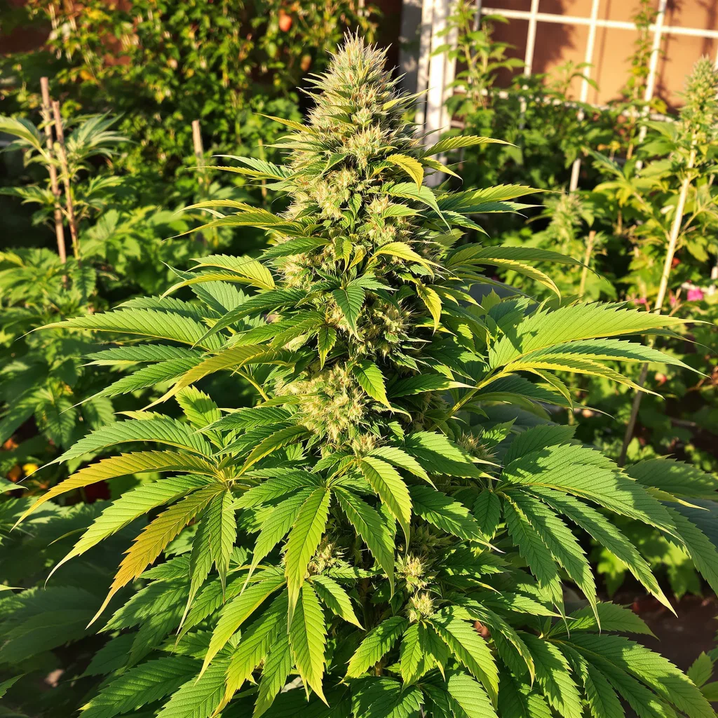 9 Pound Hammer 66% indica / 34% sativa — fleur avec trichomes visibles