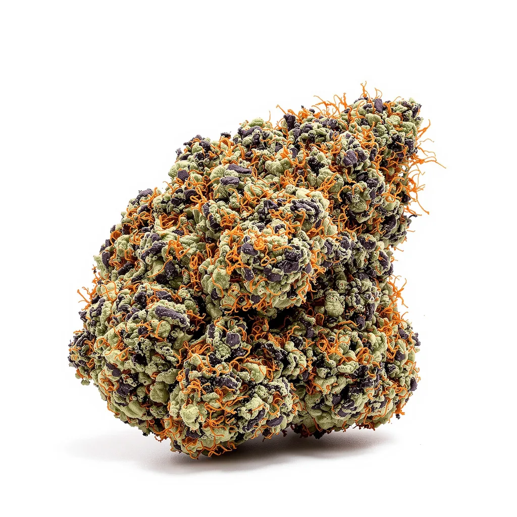 9 Pound Hammer 66% indica / 34% sativa — fleur avec trichomes visibles