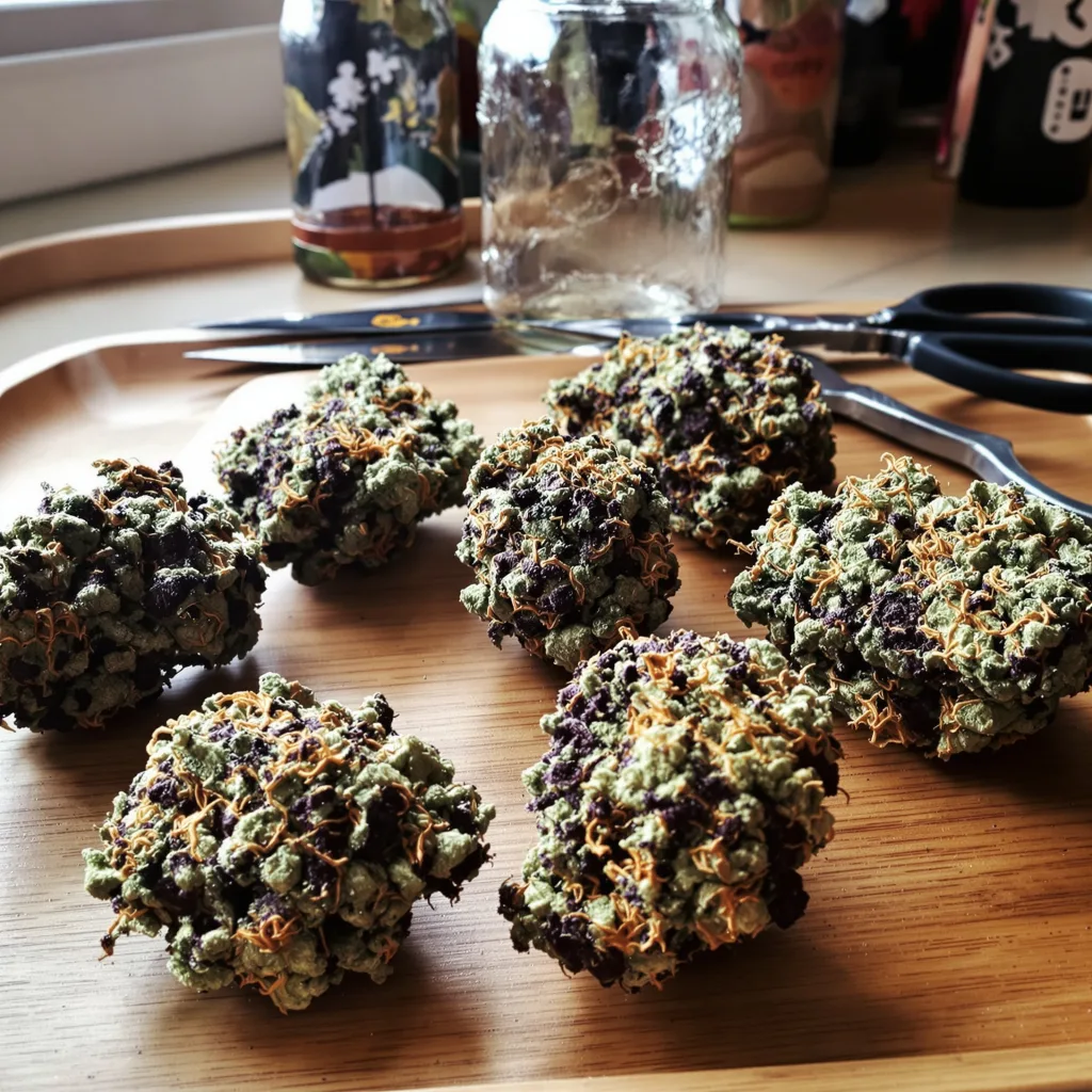 9 Pound Hammer 66% indica / 34% sativa — fleur avec trichomes visibles