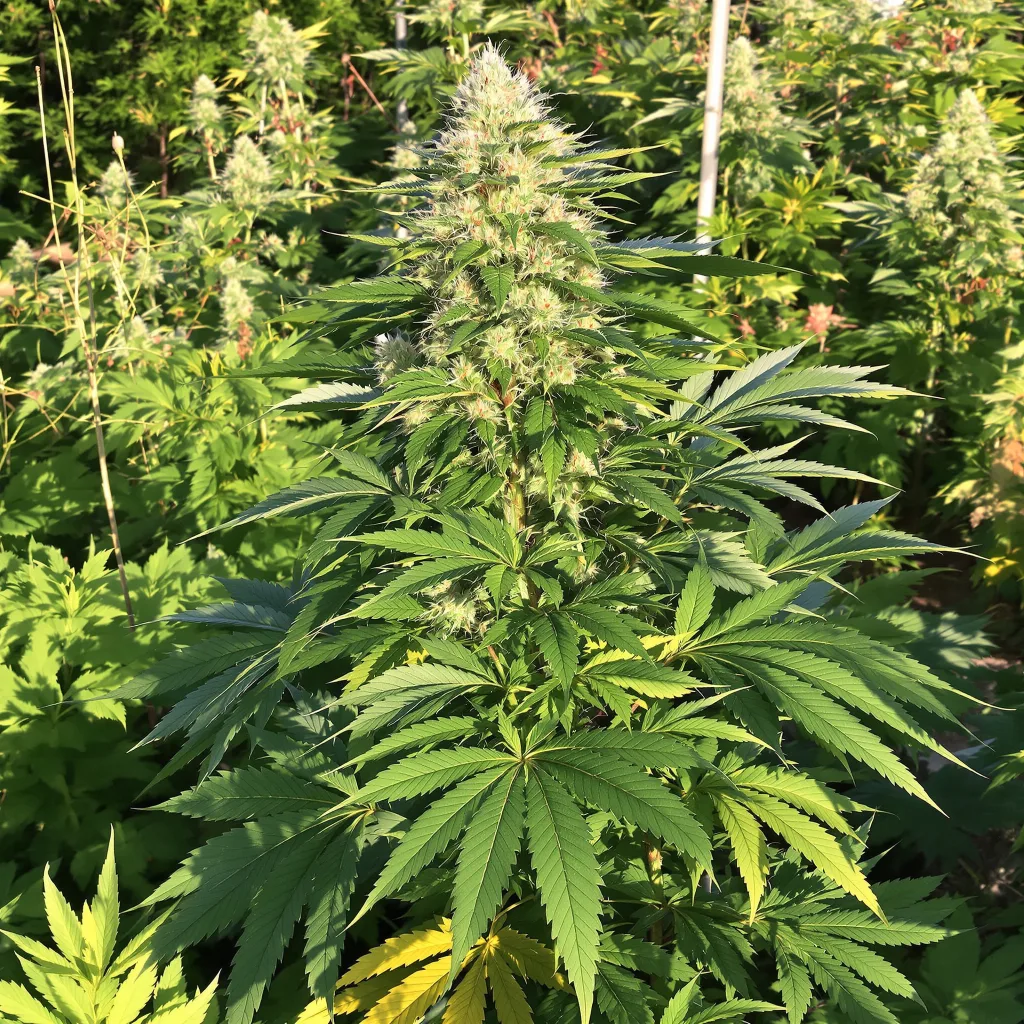 9 Pound Hammer 66% indica / 34% sativa — fleur avec trichomes visibles