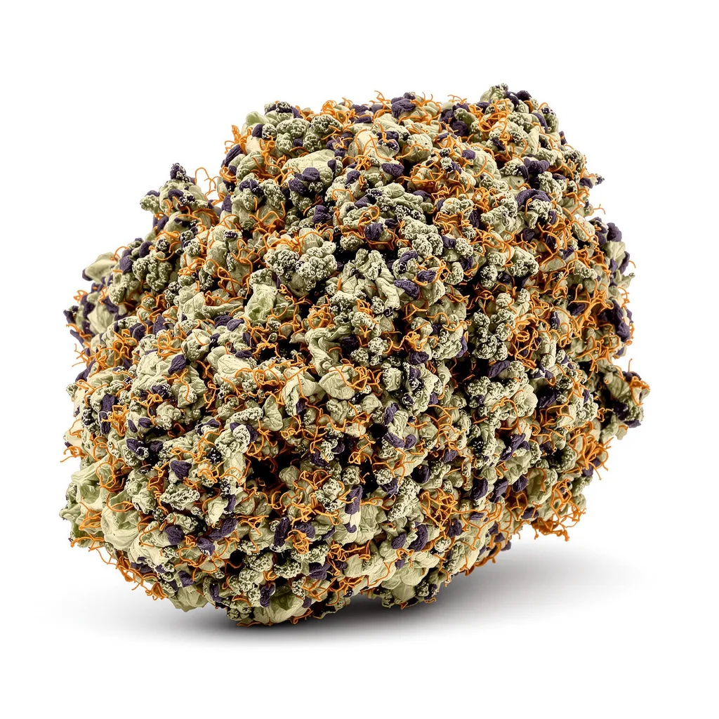 9 Pound Hammer 66% indica / 34% sativa — fleur avec trichomes visibles