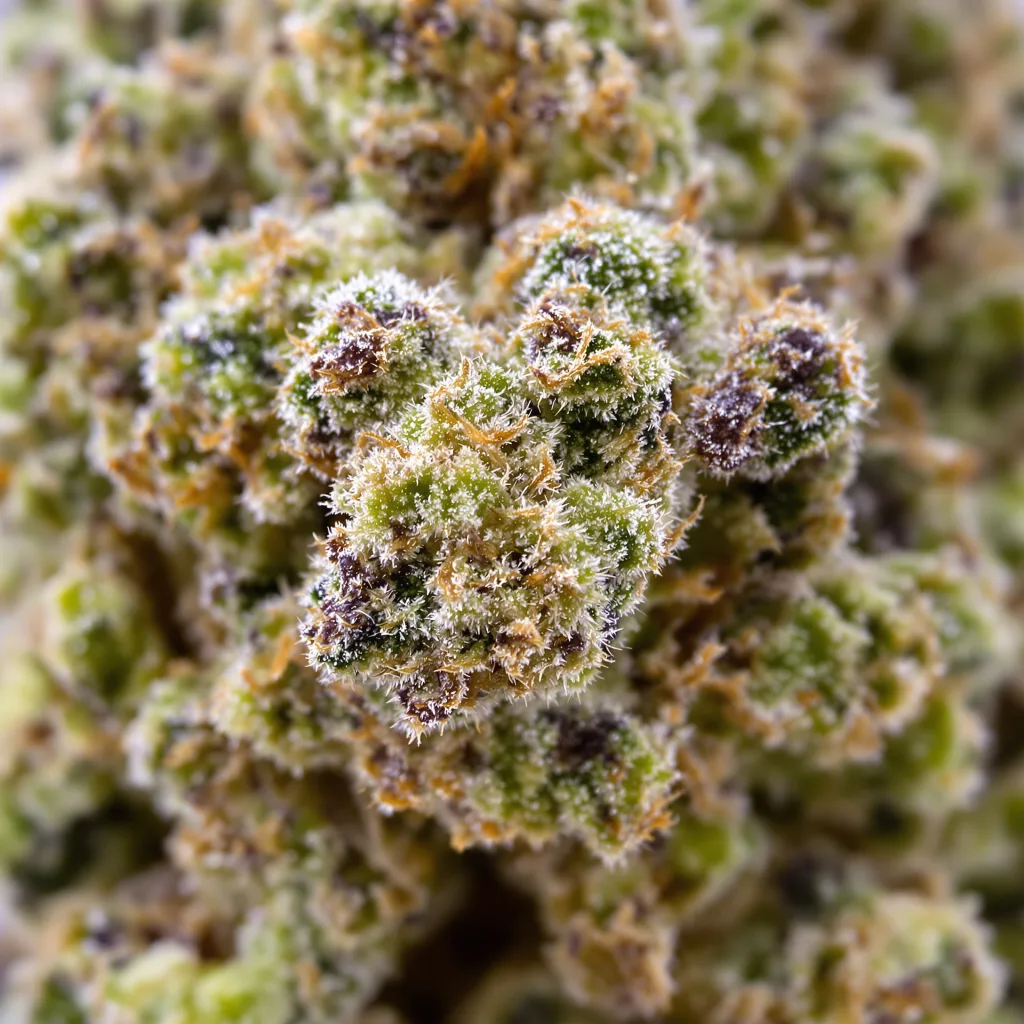 Gros plan de fleur de cannabis 98 Aloha White Widow montrant structure équilibrée avec trichomes givrés