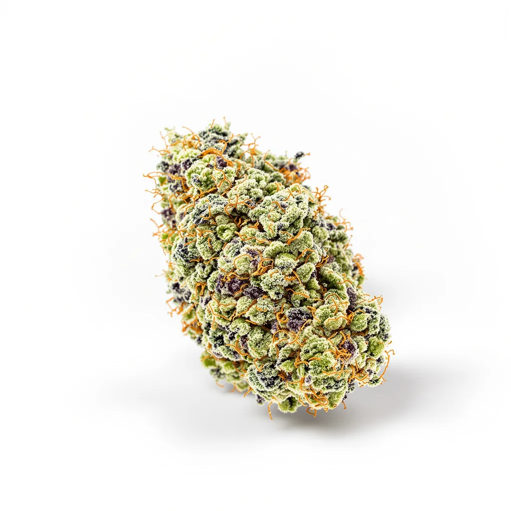 98 Aloha White Widow 59% indica / 41% sativa — fleur avec trichomes visibles