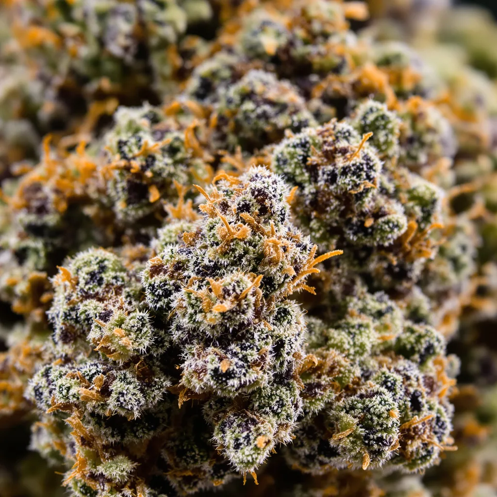 Gros plan de fleur de cannabis A-10 montrant calices denses aux reflets violets