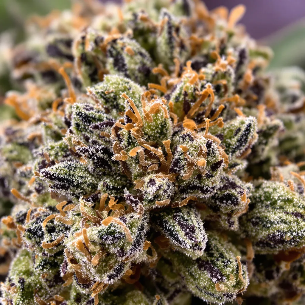 Gros plan de fleur de cannabis A-Train montrant calices denses aux reflets violets