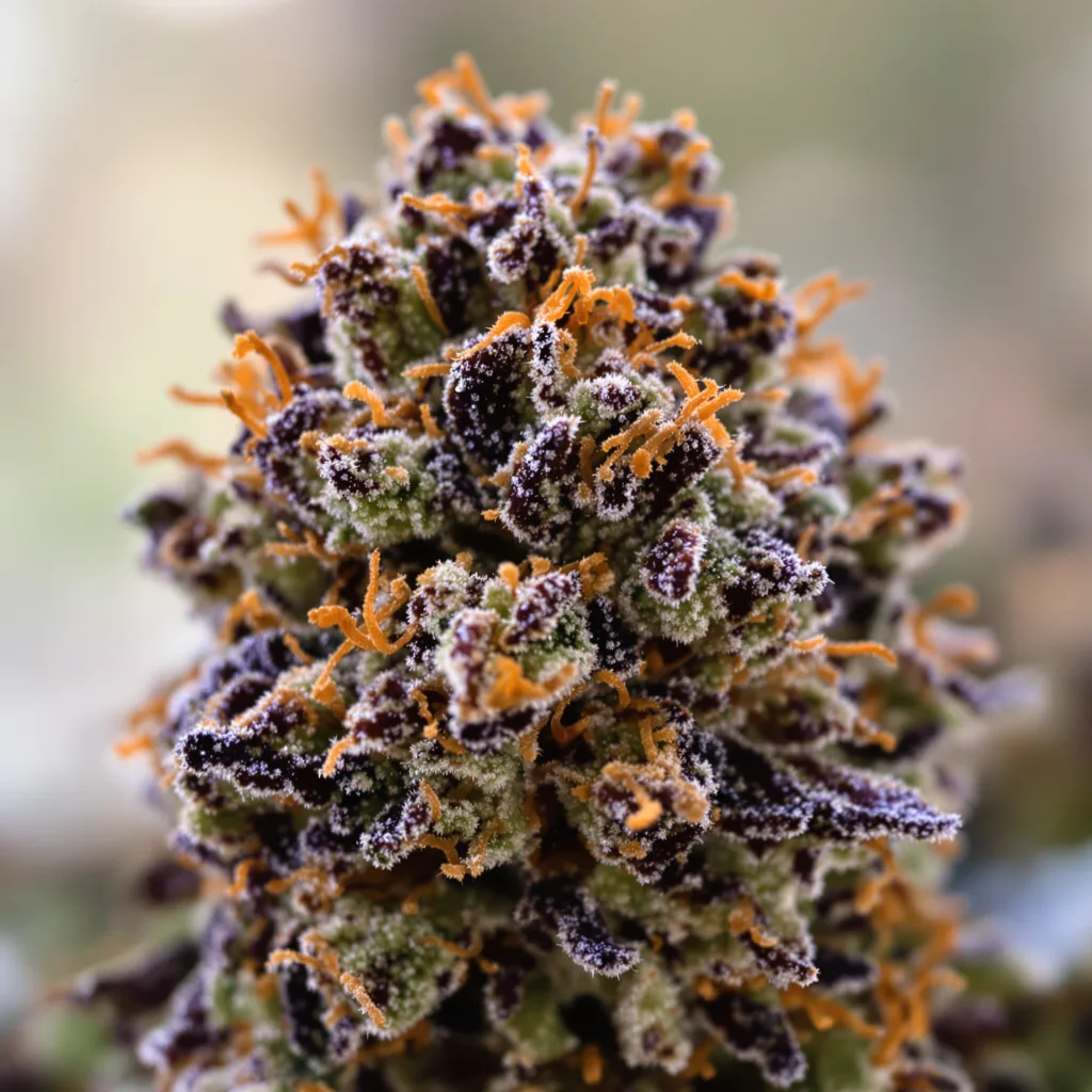 Gros plan de fleur de cannabis A-Train montrant calices denses aux reflets violets