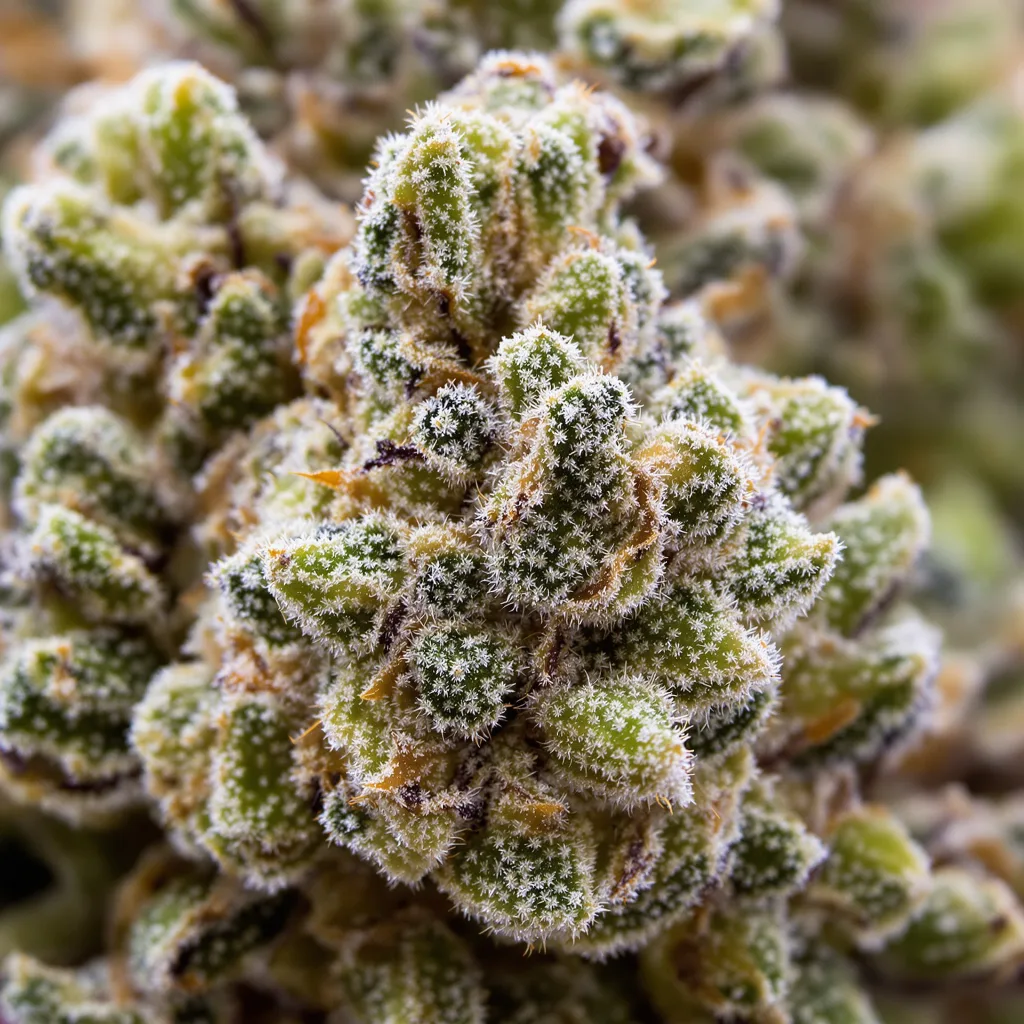 Gros plan de fleur de cannabis Aberdeen montrant structure ouverte avec pistils orangés