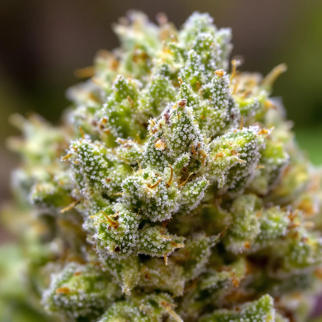Gros plan de fleur de cannabis Acapulco Gold montrant structure aérée vert lime