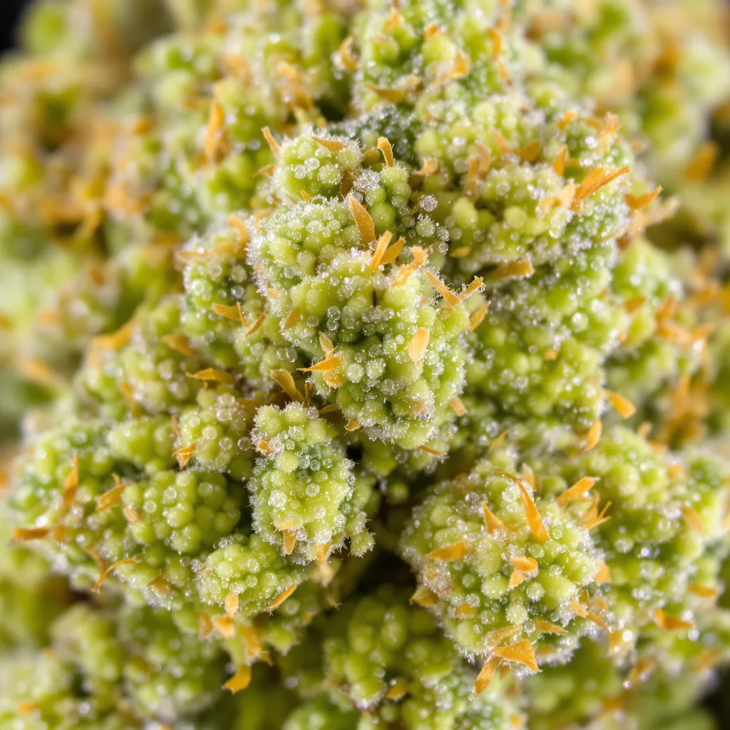 Gros plan de fleur de cannabis Acapulco Gold montrant structure aérée vert lime