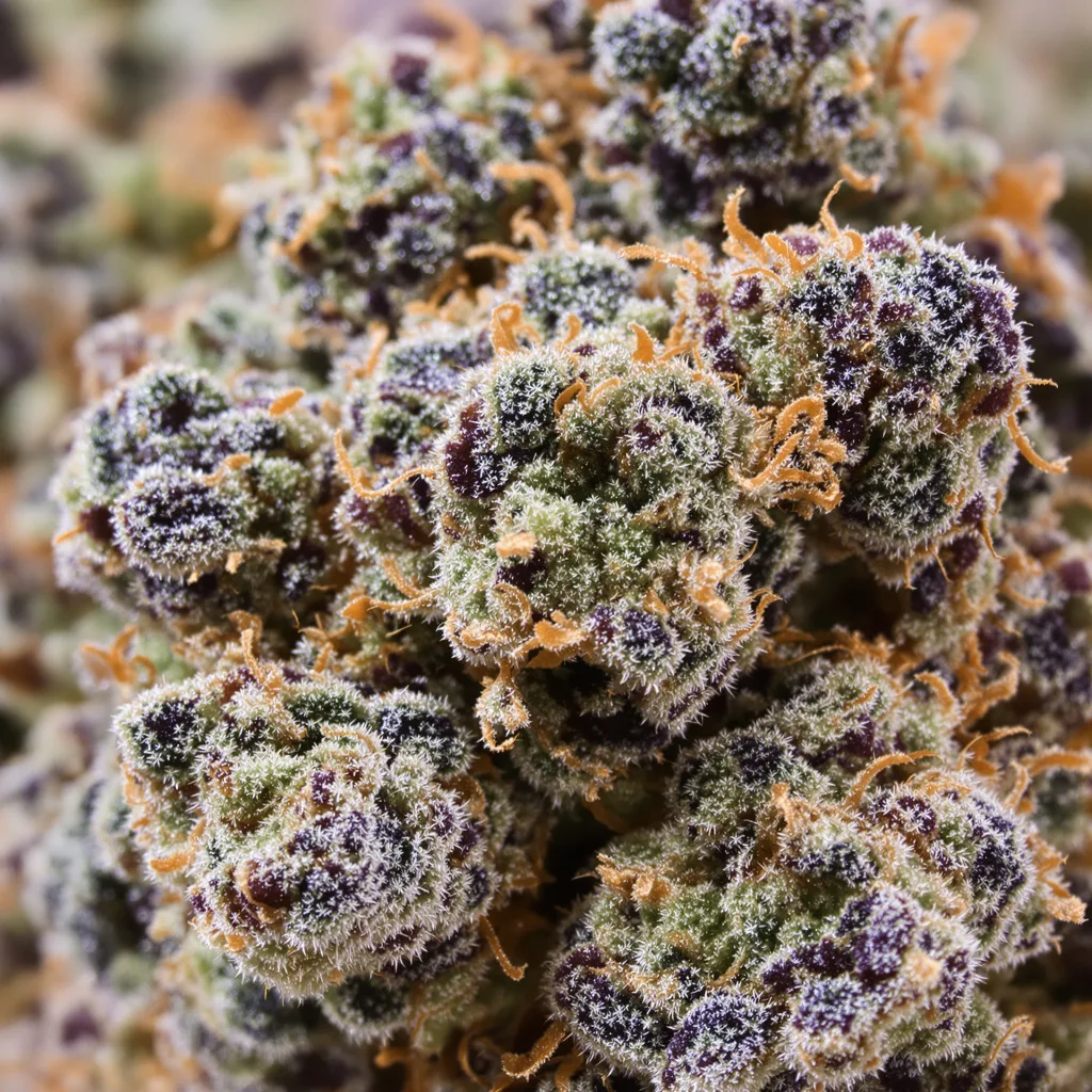 Gros plan de fleur de cannabis Ace Killer OG montrant calices denses aux reflets violets
