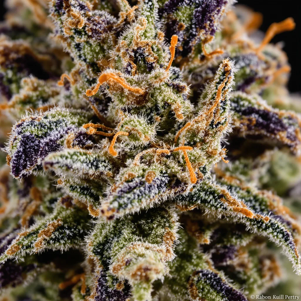 Gros plan de fleur de cannabis Ace of Spades montrant calices denses aux reflets violets