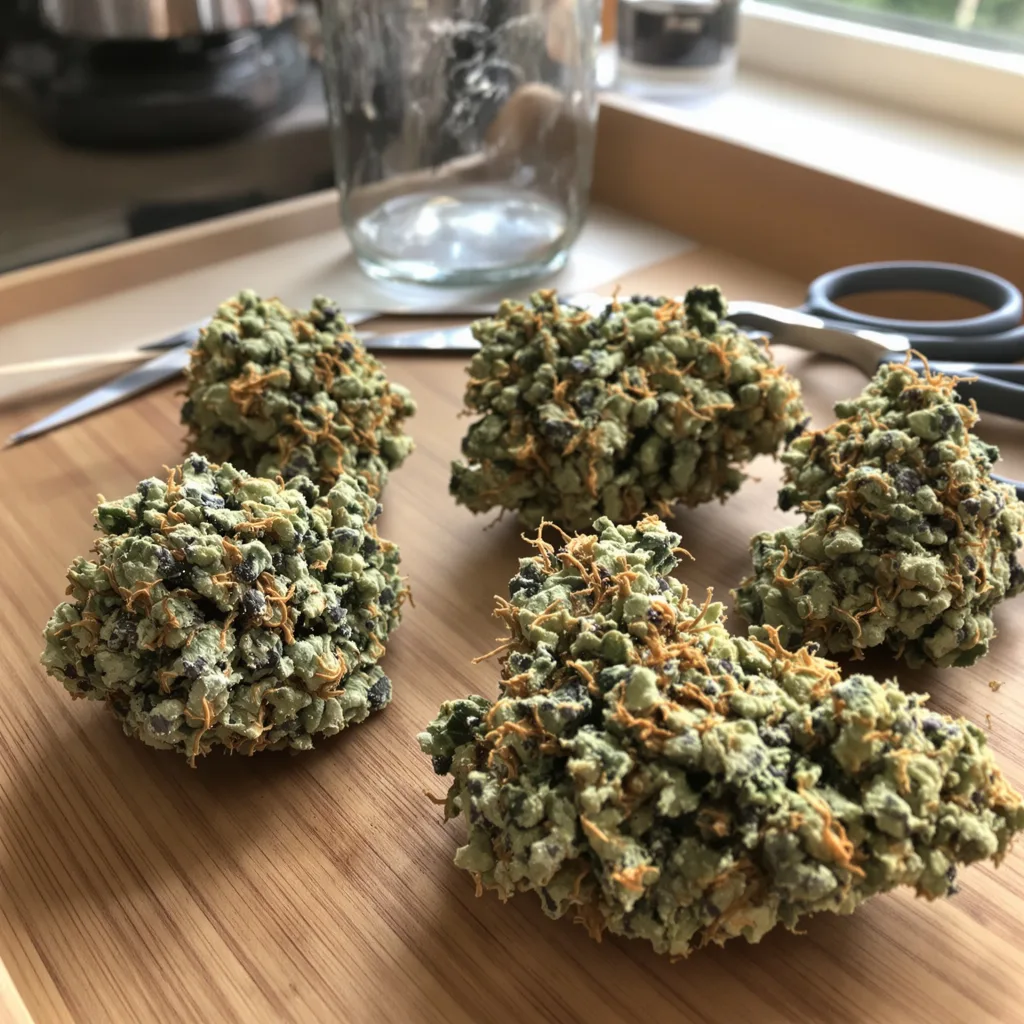 Adios 58% indica / 42% sativa — fleur avec trichomes visibles