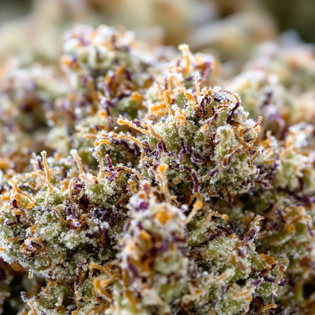 Gros plan de fleur de cannabis Afcrack montrant structure équilibrée avec trichomes givrés