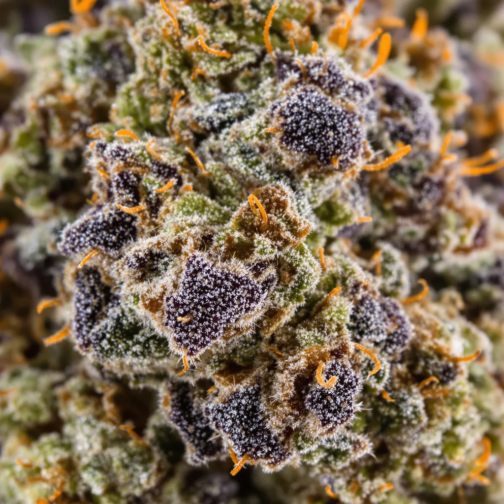 Gros plan de fleur de cannabis Afghan Hawaiian montrant calices denses aux reflets violets