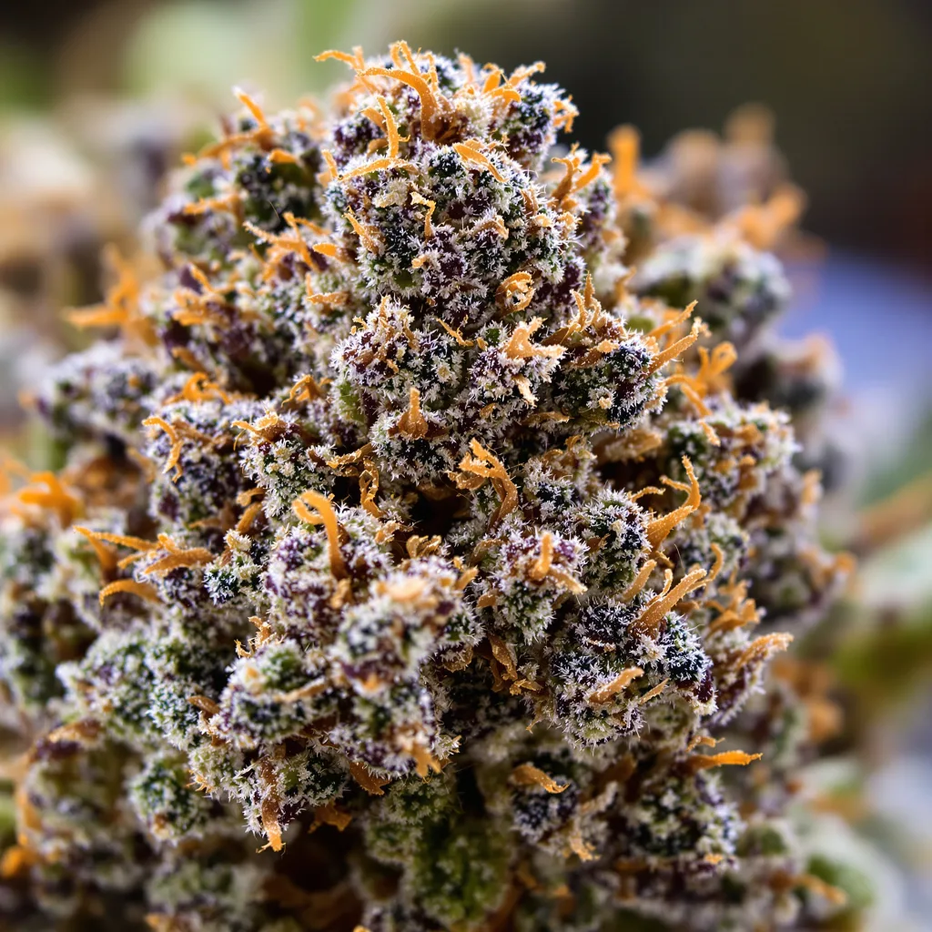 Gros plan de fleur de cannabis Afghan Hawaiian montrant calices denses aux reflets violets