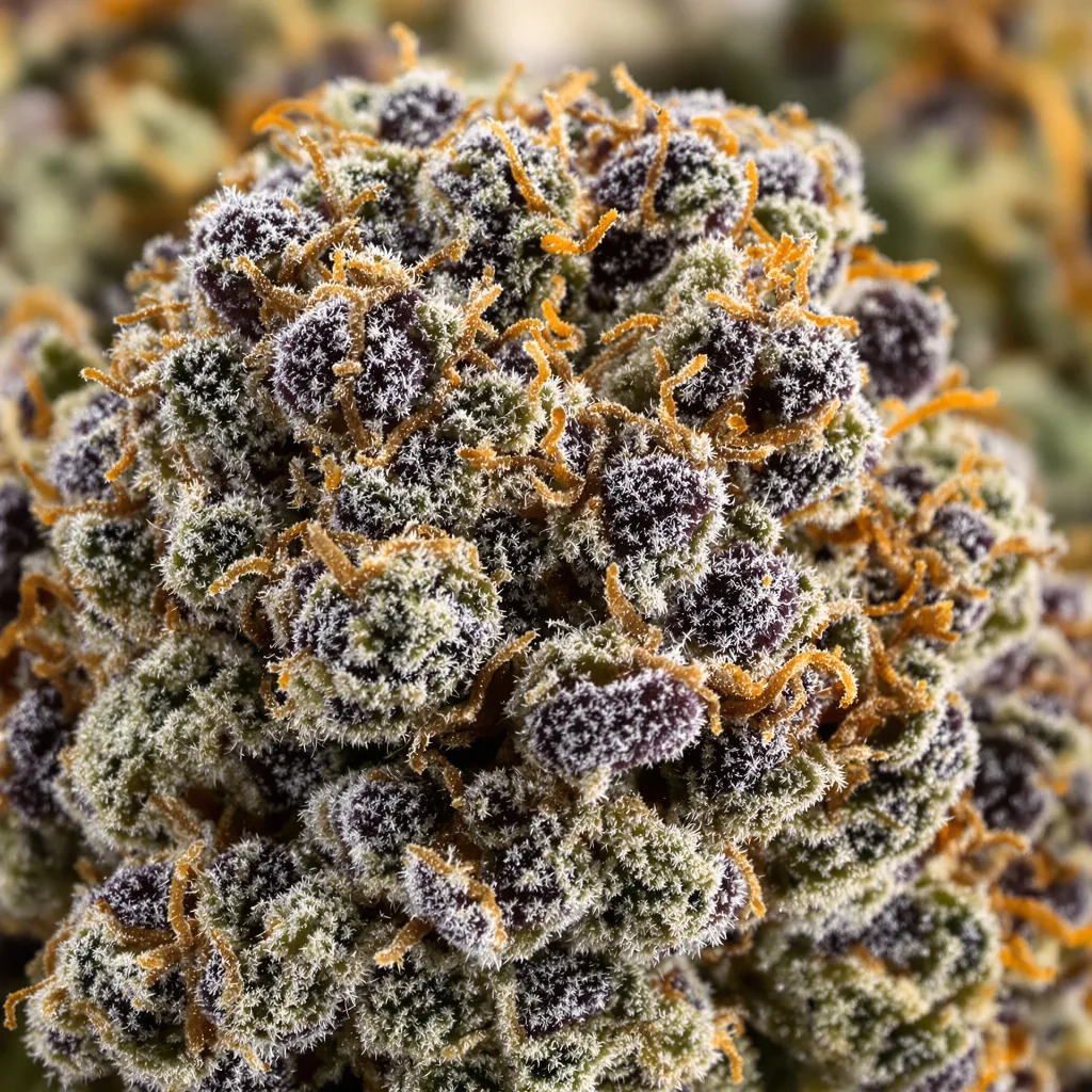 Gros plan de fleur de cannabis Afghan Kush montrant calices denses aux reflets violets