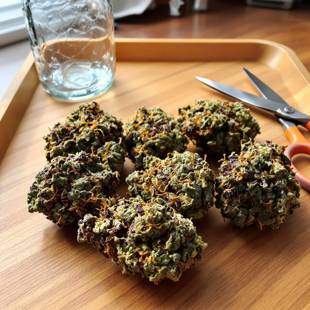 Afghan Kush 67% indica / 33% sativa — fleur avec trichomes visibles