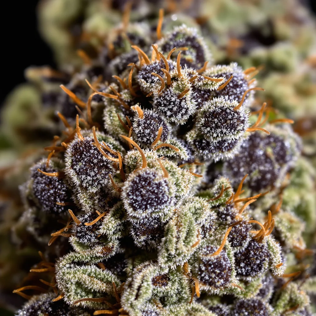 Gros plan de fleur de cannabis Afghan Kush montrant calices denses aux reflets violets