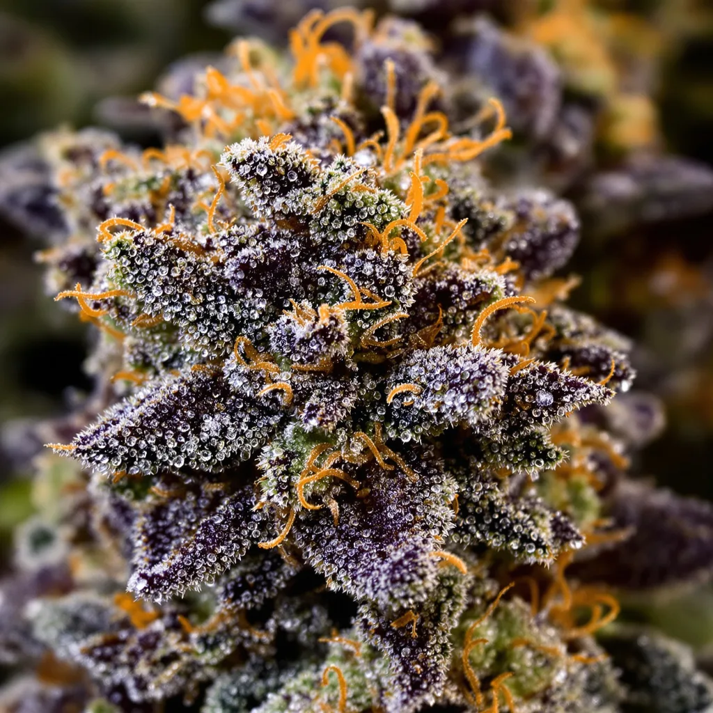 Gros plan de fleur de cannabis Afghan Skunk montrant calices denses aux reflets violets