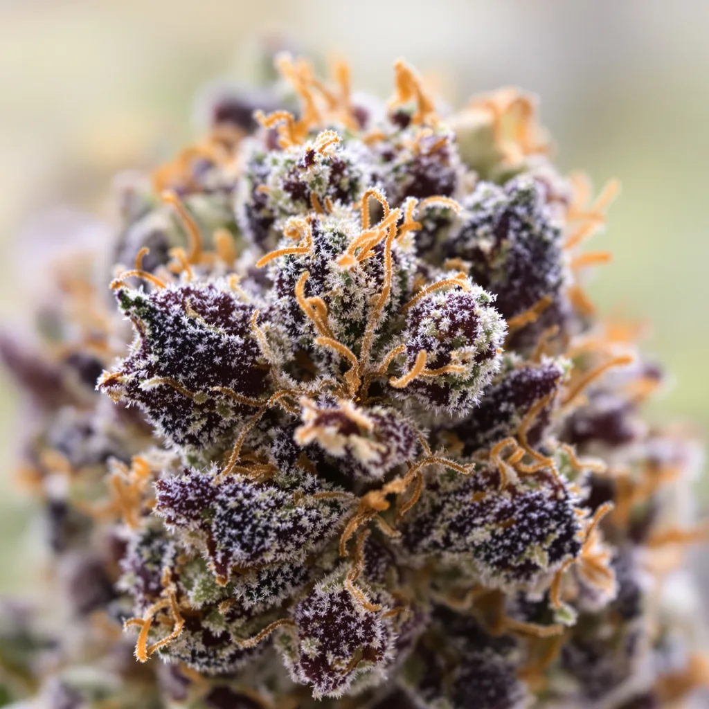Gros plan de fleur de cannabis Afghani montrant calices denses aux reflets violets