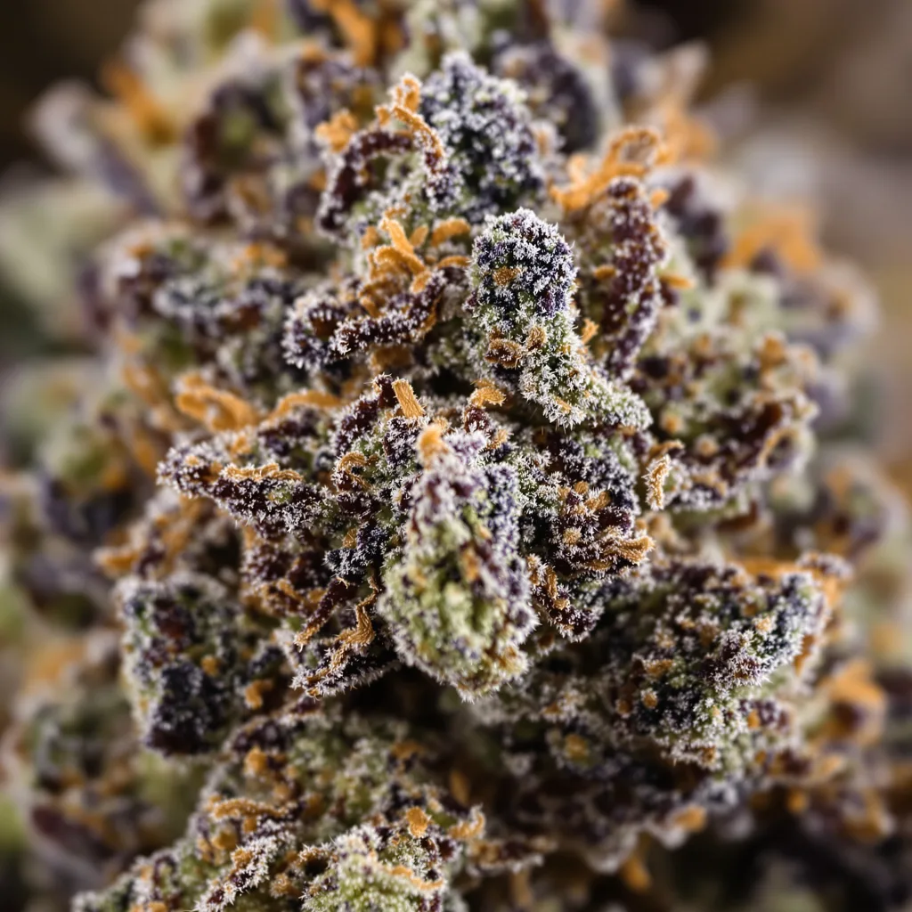 Gros plan de fleur de cannabis Afghani Bullrider montrant calices denses aux reflets violets