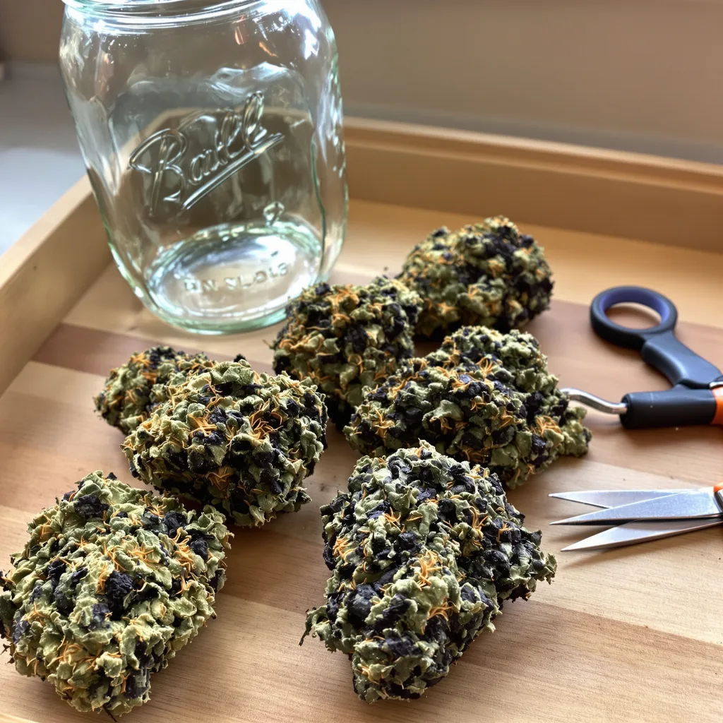 Afghani Bullrider 70% indica / 30% sativa — fleur avec trichomes visibles