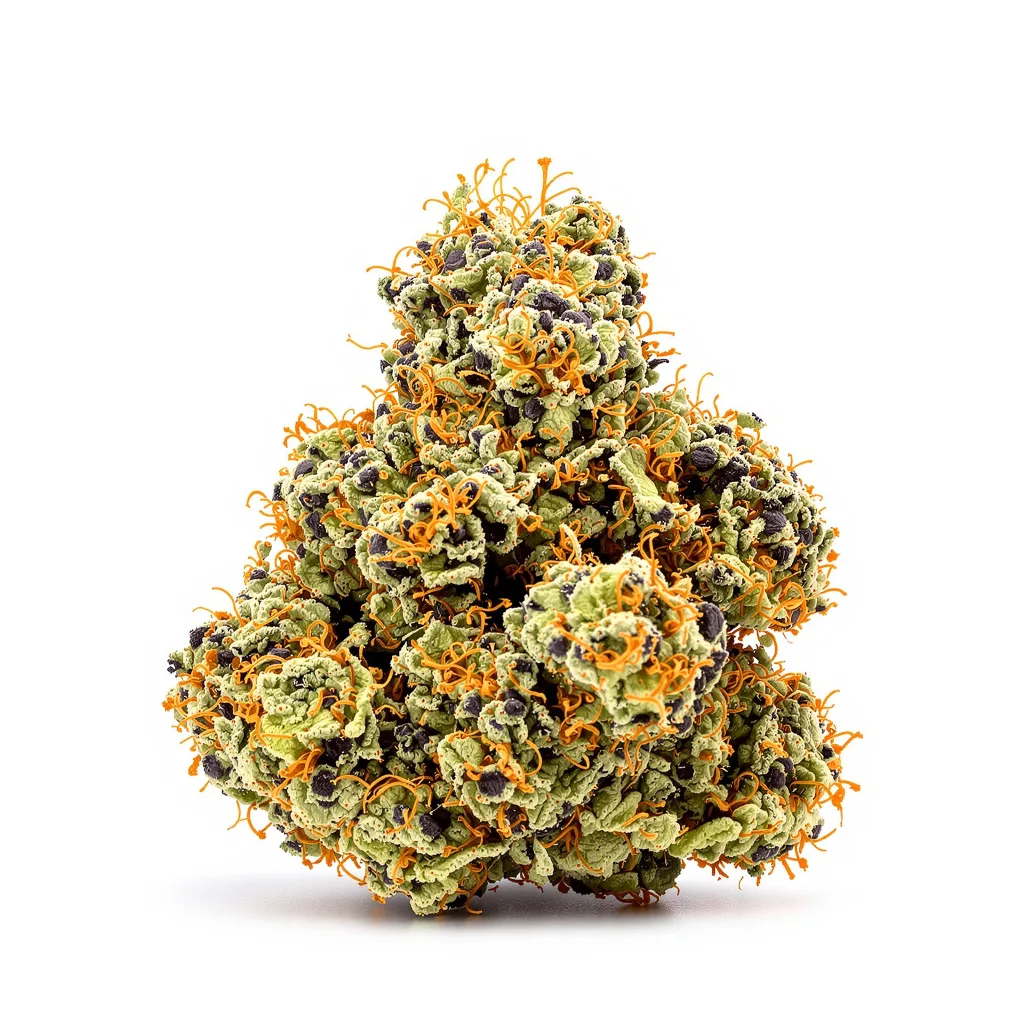 Afghani Bullrider 70% indica / 30% sativa — fleur avec trichomes visibles
