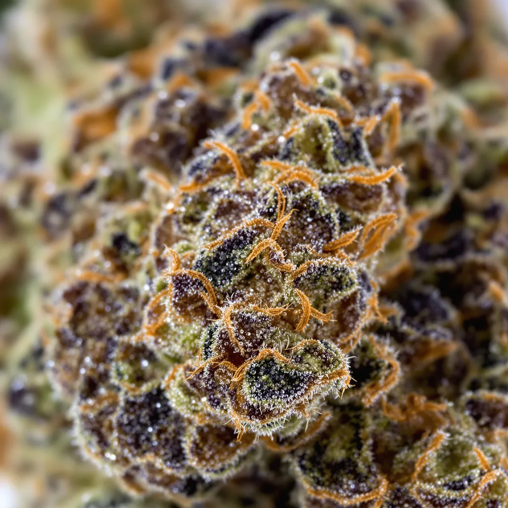 Gros plan de fleur de cannabis Afghani montrant calices denses aux reflets violets